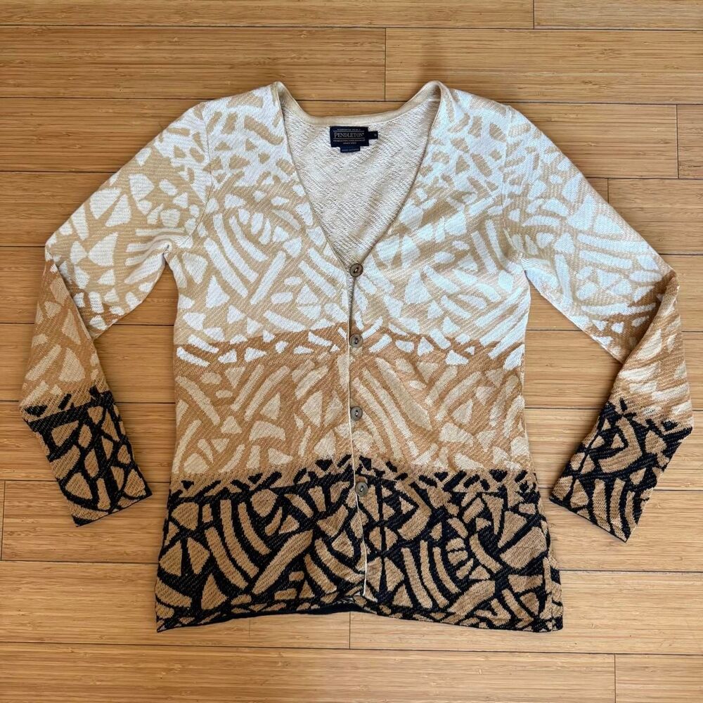 Pendleton Geometric Knit V-Neck Cardigan Sweater Small Linen Cotton